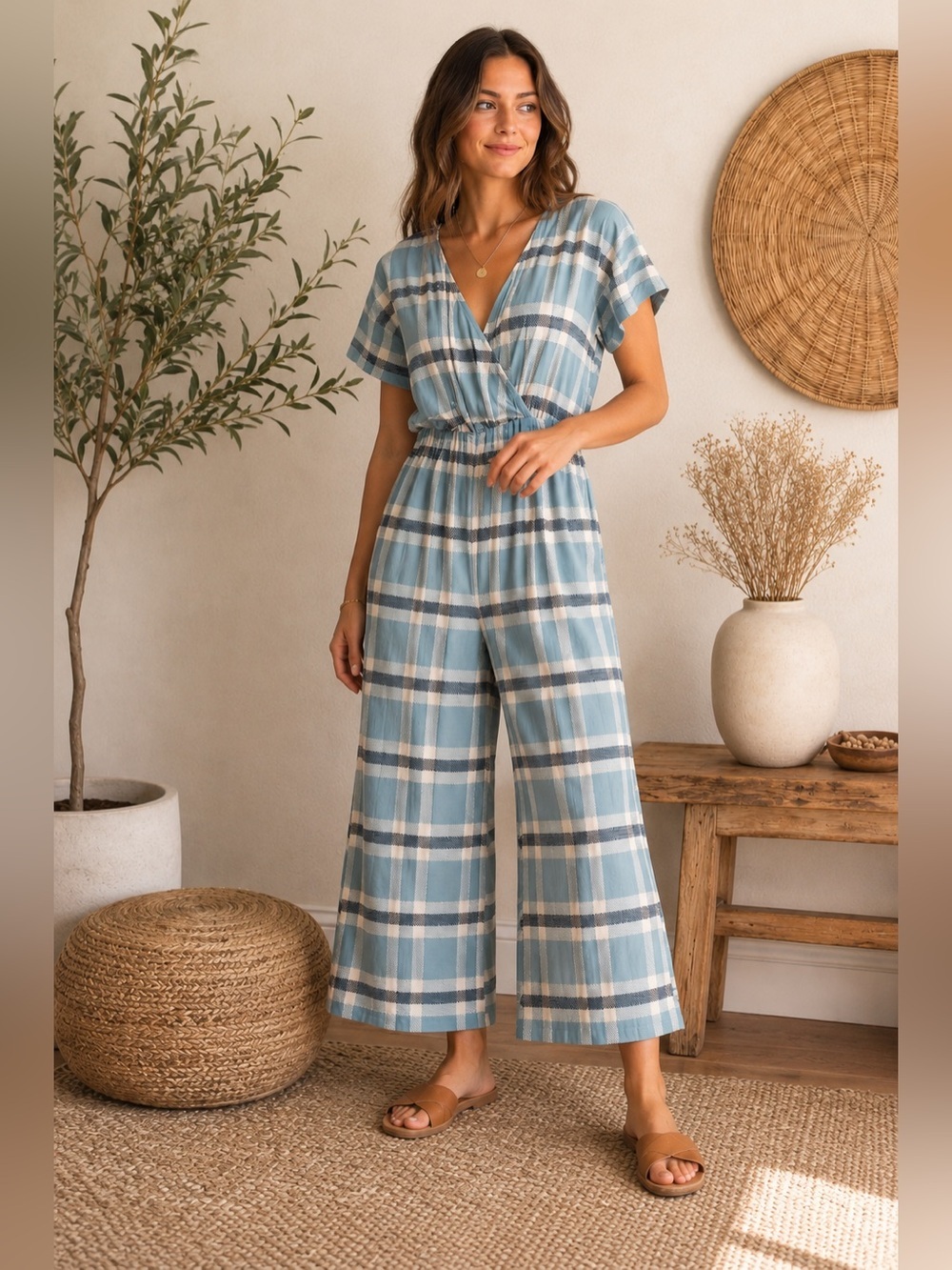Wild Fable Blue Plaid Wide Leg Jumpsuit Medium Boho Cottagecore